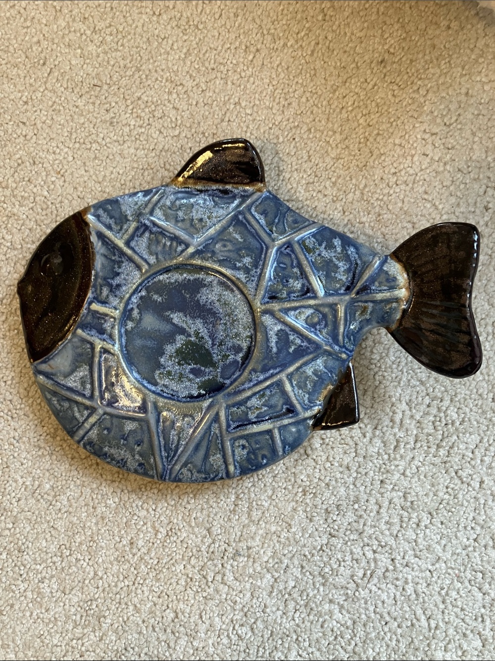 Vtg Ceramic Blue Fish Shaped Pillar Candle Holder Plate